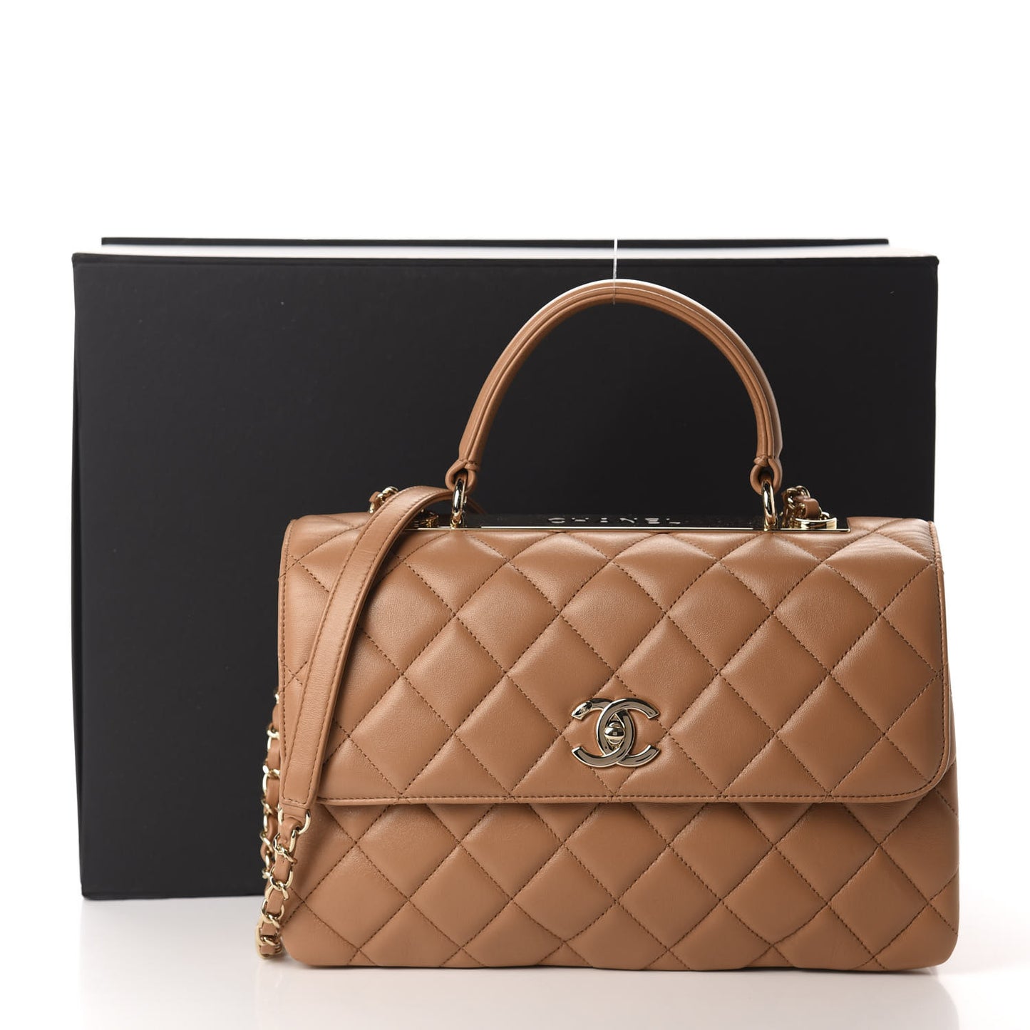 Lambskin Quilted Medium Trendy CC Flap Dual Handle Bag Light Brown