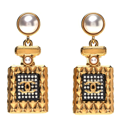 Chanel Crystal Pearl CC Perfume Bottle Drop Earrings Gold 1 of 4