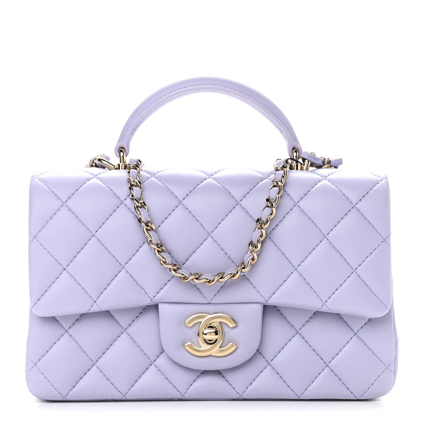 Lambskin Quilted Mini Top Handle Rectangular Flap Light Purple