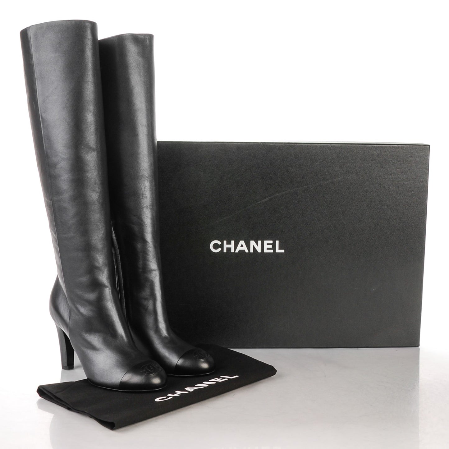 Lambskin CC Cap Toe High Boots 37 Pearly Black