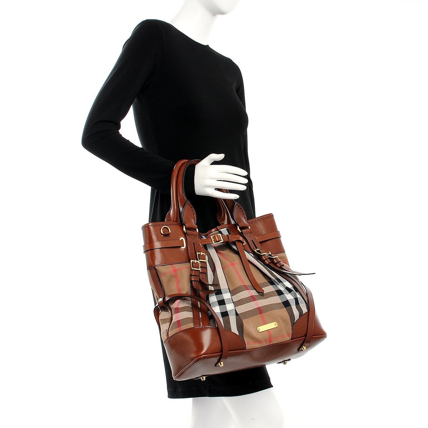 House Check Bridle Calfskin Medium Whipstitch Tote Dark Tan