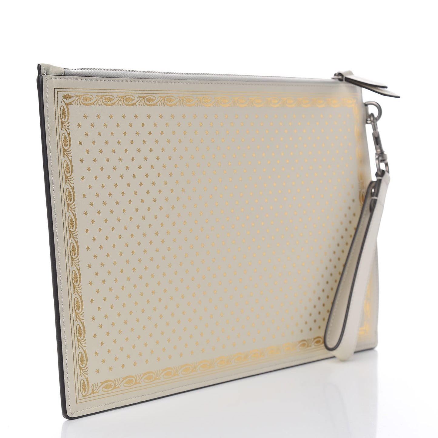 X SEGA Calfskin GUCCY Stars Zip Wristlet Pouch Mystic White Gold