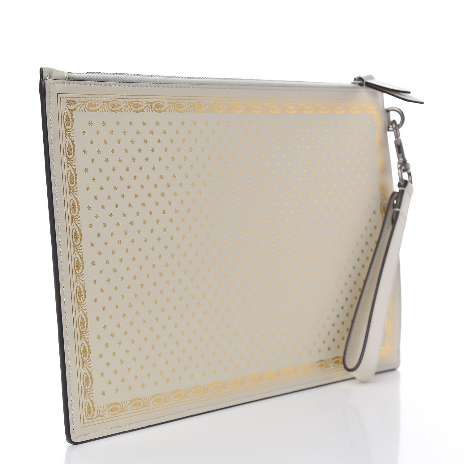 Gucci X SEGA Calfskin GUCCY Stars Zip Wristlet Pouch Mystic White Gold 3 of 10