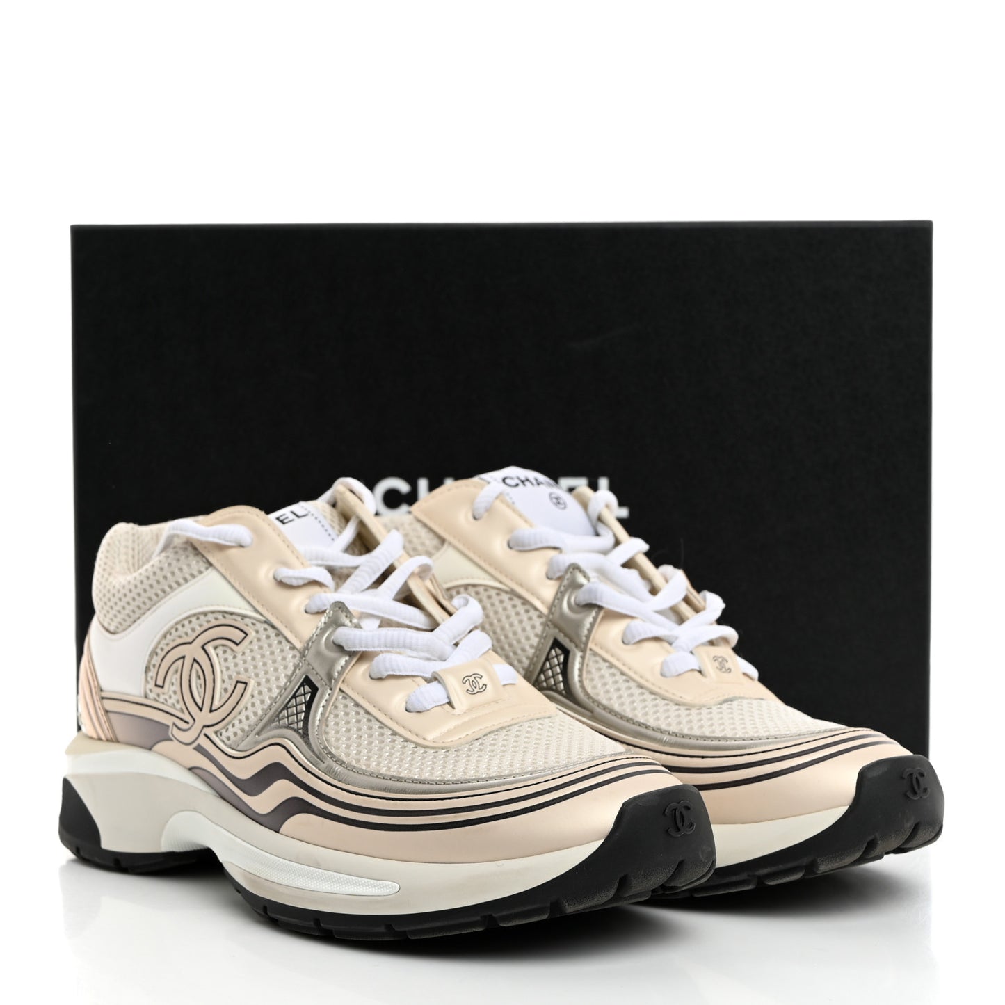 Fabric Laminated Calfskin Stretch CC Sneakers 38 White Gold Silver