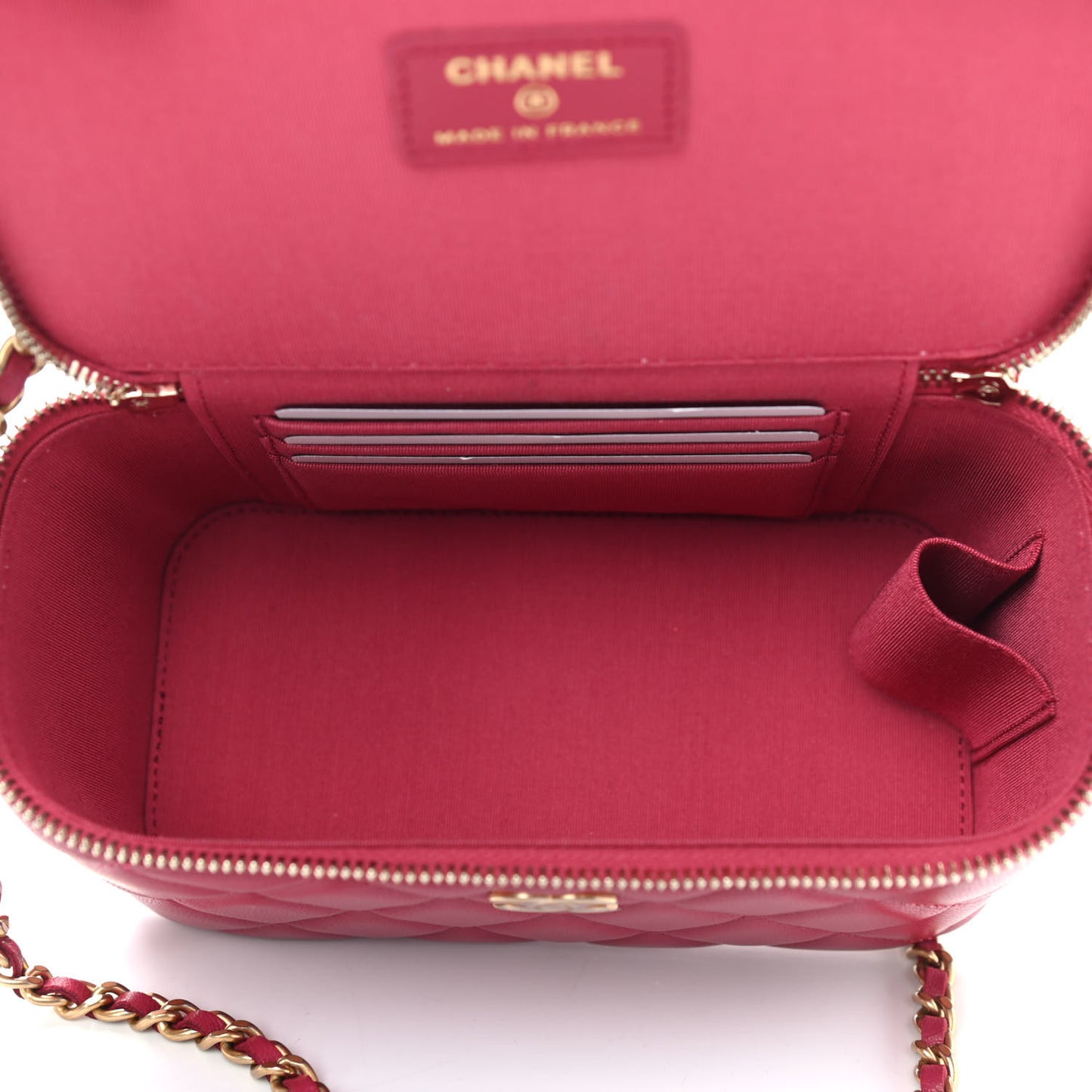 Lambskin Quilted Small Top Handle Vanity Case With Chain Dark Pink