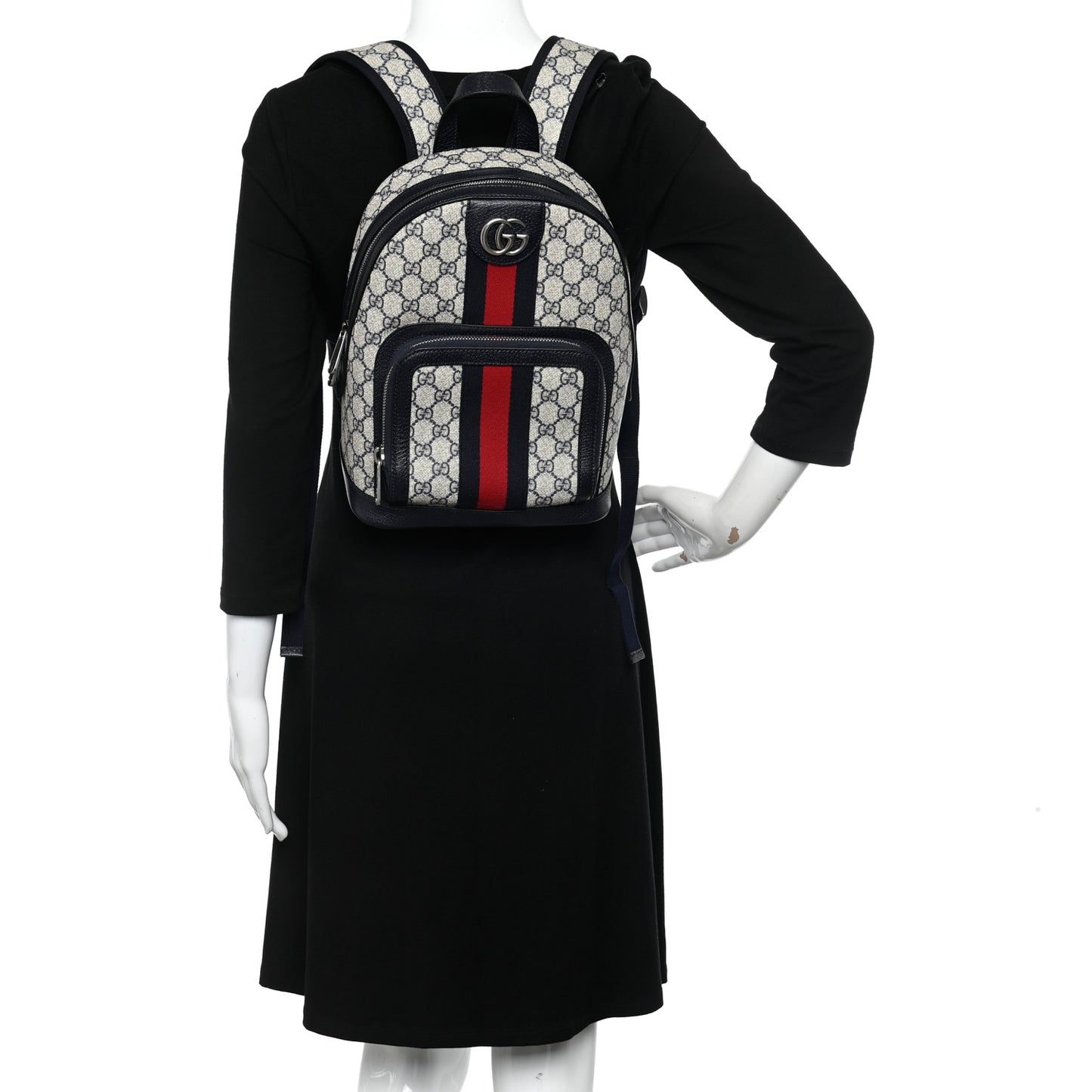 GG Supreme Monogram Textured Dollar Calfskin Web Small Ophidia Day Backpack Beige Blue Black