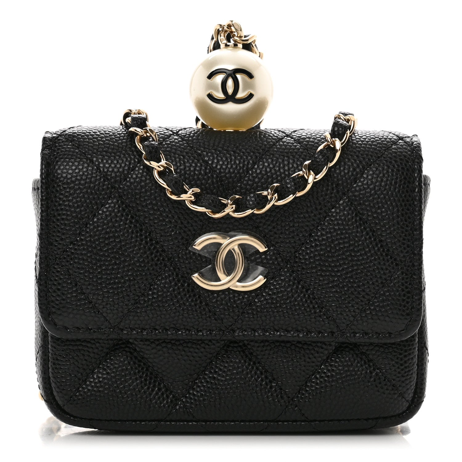 Chanel Caviar Quilted Mini Pearl On Top Coin Purse With Chain Black 1 of 8