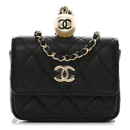 Chanel Caviar Quilted Mini Pearl On Top Coin Purse With Chain Black 1 of 8