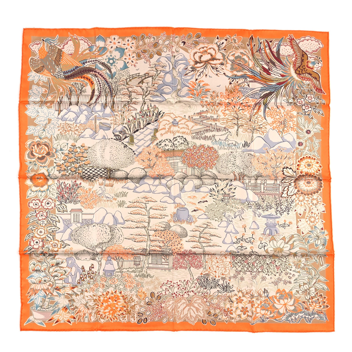 Silk Double Face Mille Feuilles Scarf 90 Orange Gris Perle Beige