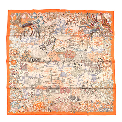 Hermes Silk Double Face Mille Feuilles Scarf 90 Orange Gris Perle Beige 1 of 4