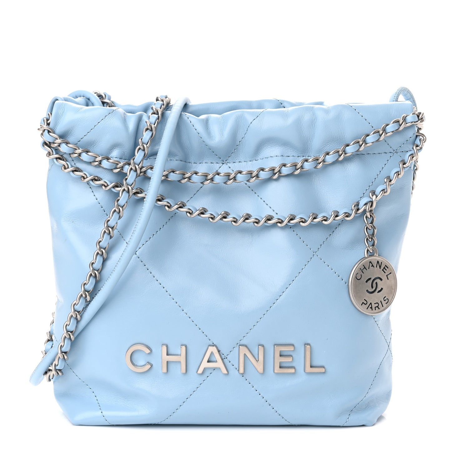 Shiny Calfskin Quilted Mini Chanel 22 Light Blue