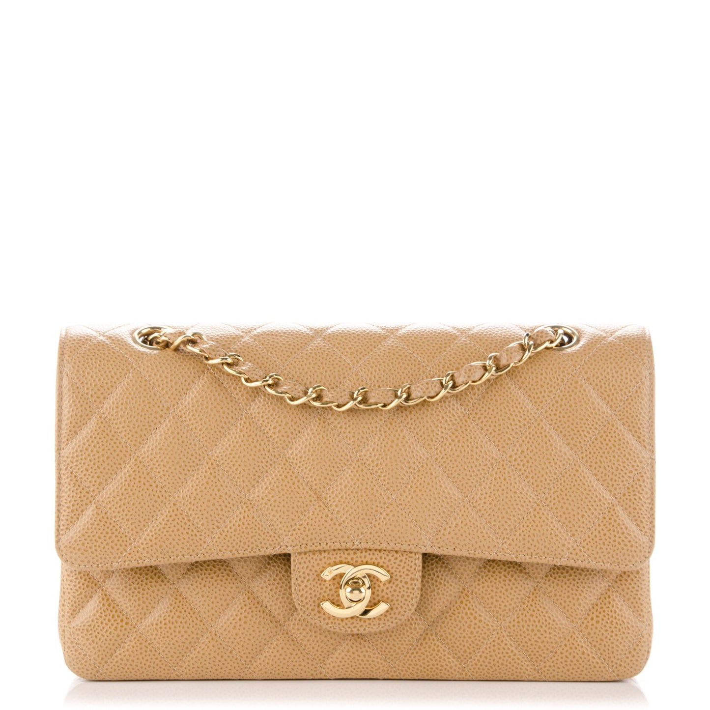 Caviar Quilted Medium Double Flap Beige