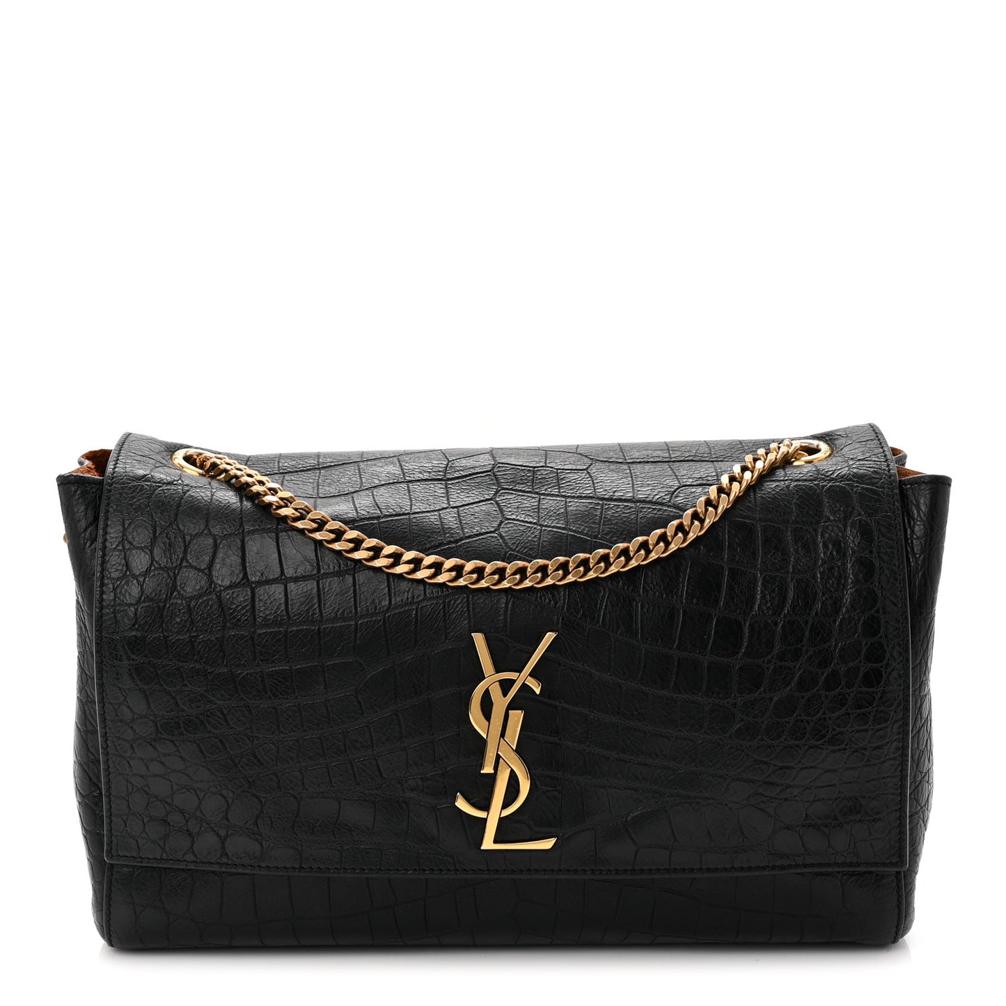 Calfskin Crocodile Embossed Suede Medium Reversible Monogram Kate Satchel Military Taupe