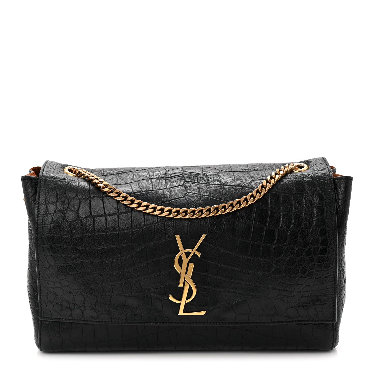 Saint Laurent Calfskin Crocodile Embossed Suede Medium Reversible Monogram Kate Satchel Military Taupe 1 of 17