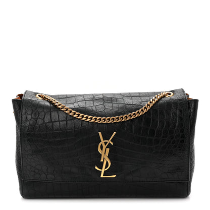 Saint Laurent Calfskin Crocodile Embossed Suede Medium Reversible Monogram Kate Satchel Military Taupe 1 of 17