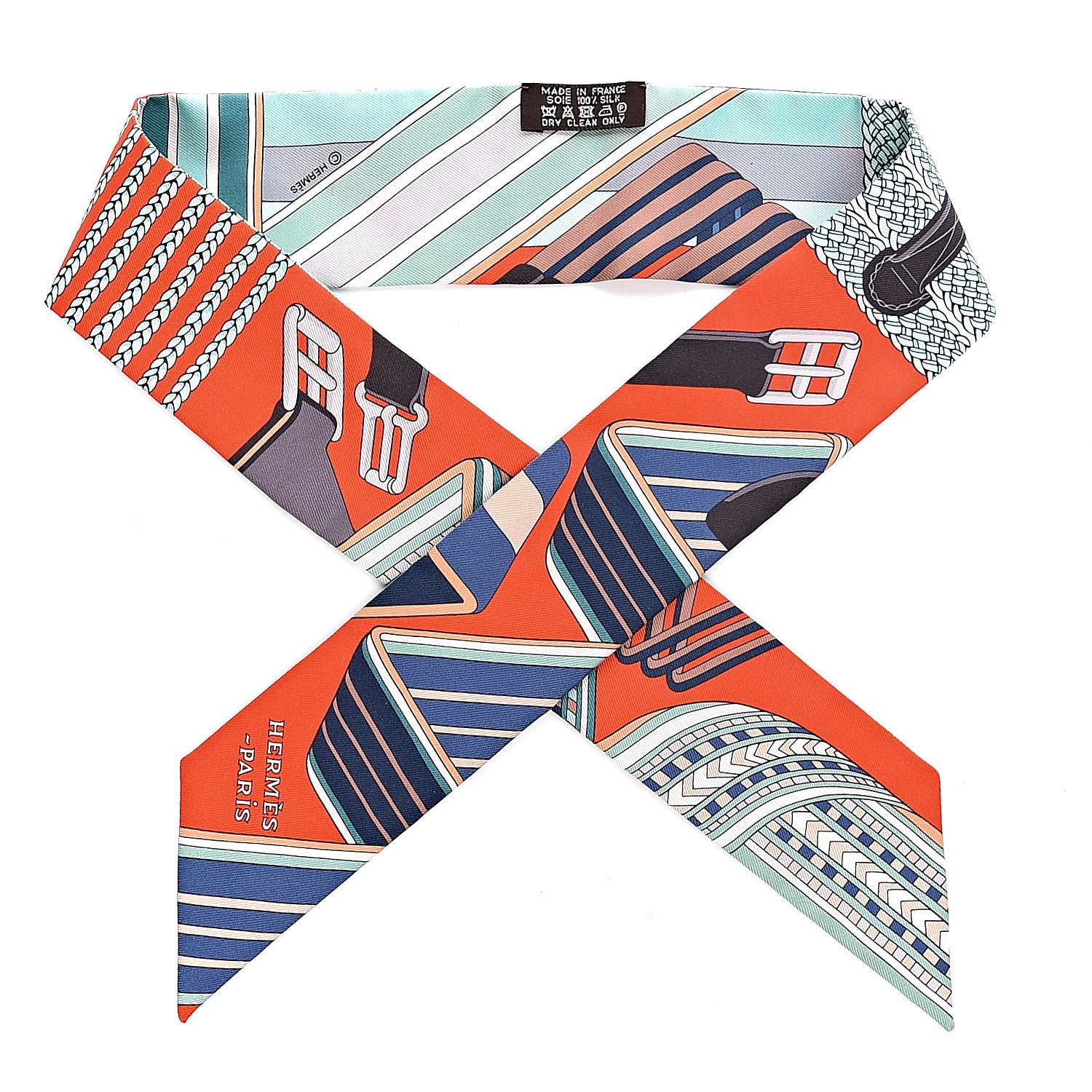Hermes Silk Sangles En Zigzag Twilly Orange Turquoise Gris 1 of 4