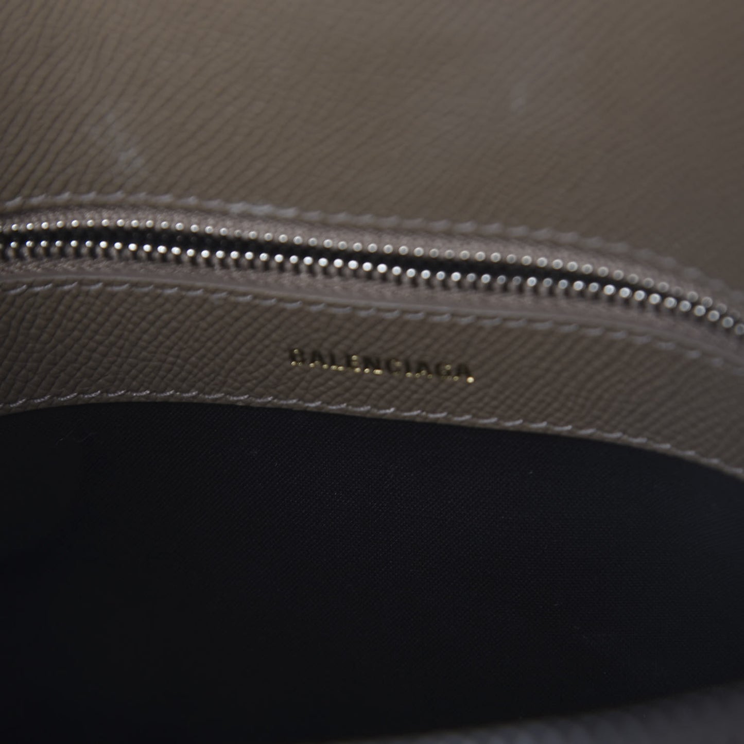 Signature Grained Calfskin Logo S Ville Top Handle Bag Mink Grey White