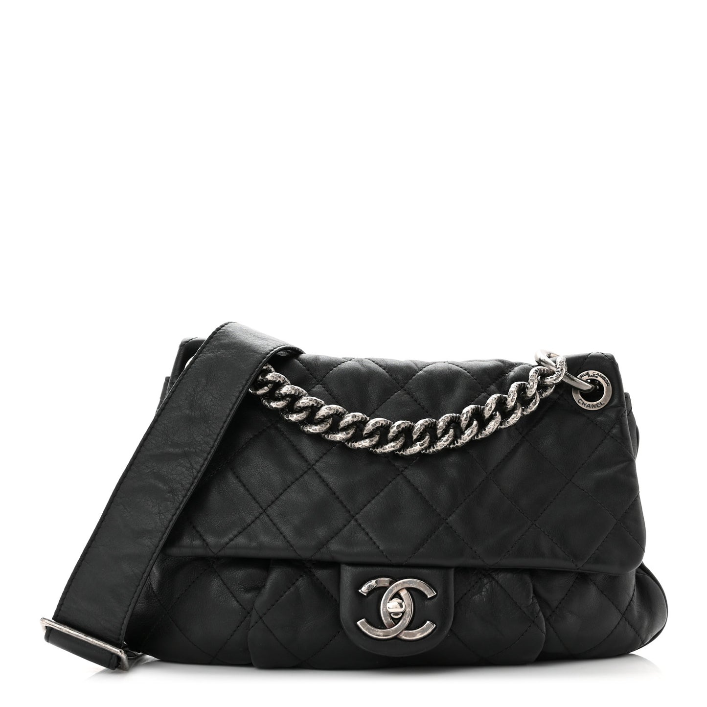 Calfskin Coco Pleats Messenger Flap Black