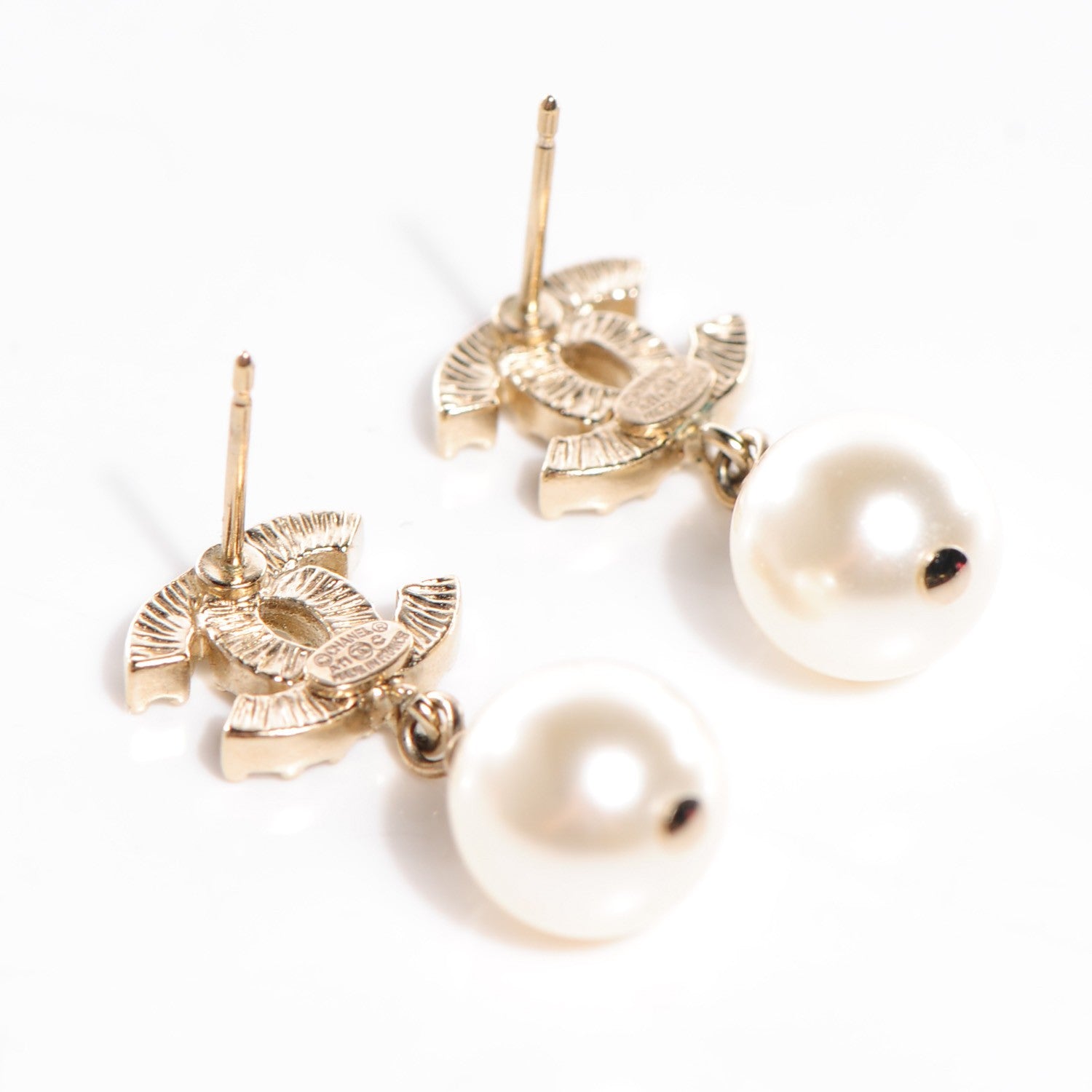 Chanel Crystal CC Pearl Drop Earrings Gold 3 of 5