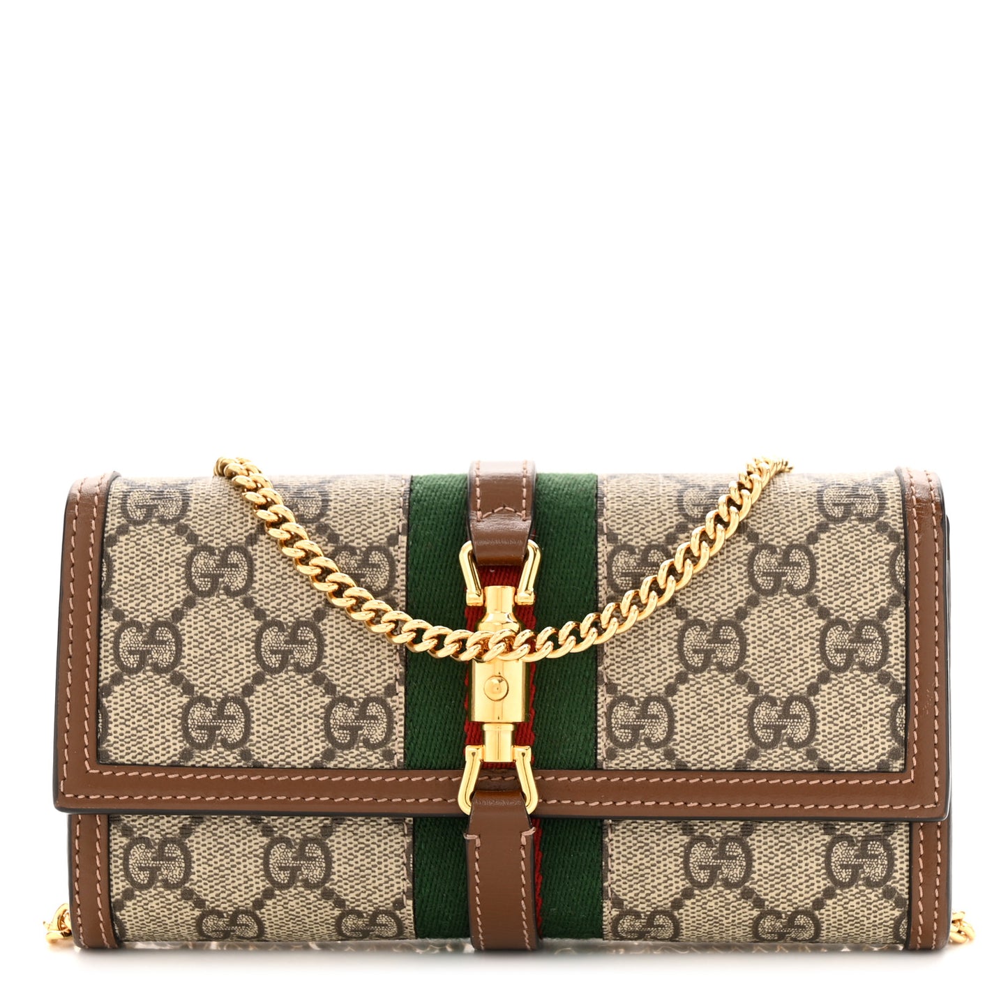 GG Supreme Monogram Azalea Calfskin Web Jackie 1961 Chain Wallet Beige Ebony Brown Sugar