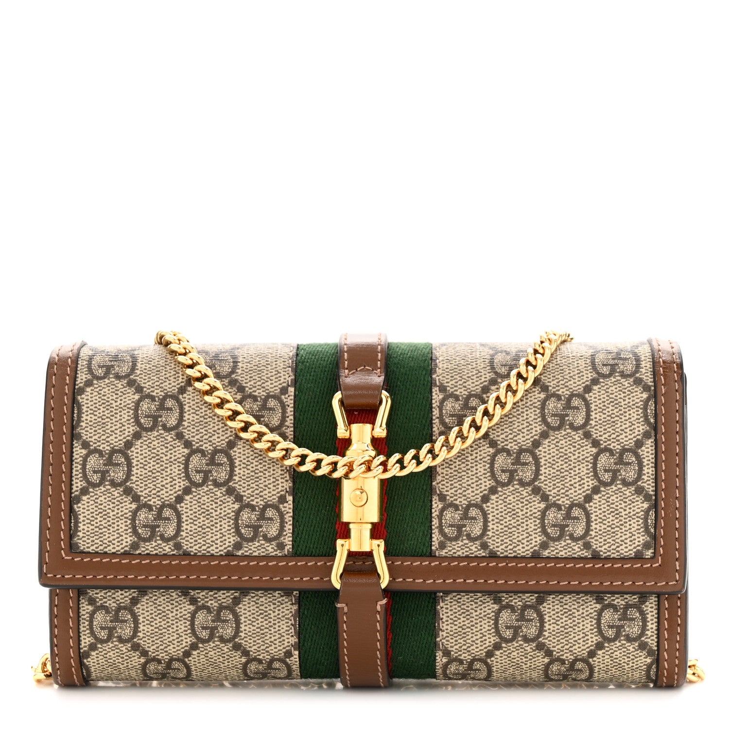 Gucci GG Supreme Monogram Azalea Calfskin Web Jackie 1961 Chain Wallet Beige Ebony Brown Sugar 1 of 13