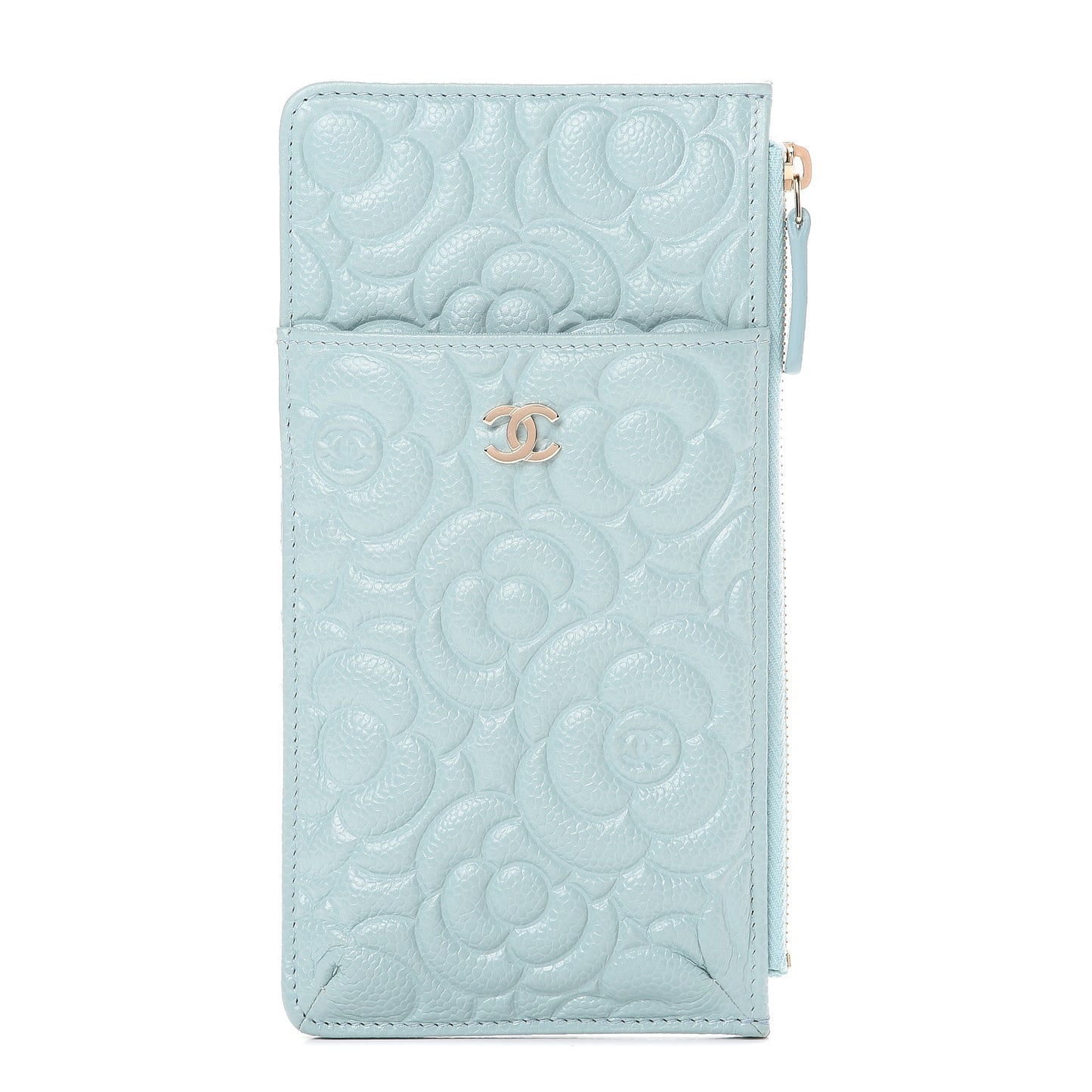 Caviar Camellia Embossed Classic Flat Wallet Pouch Light Blue