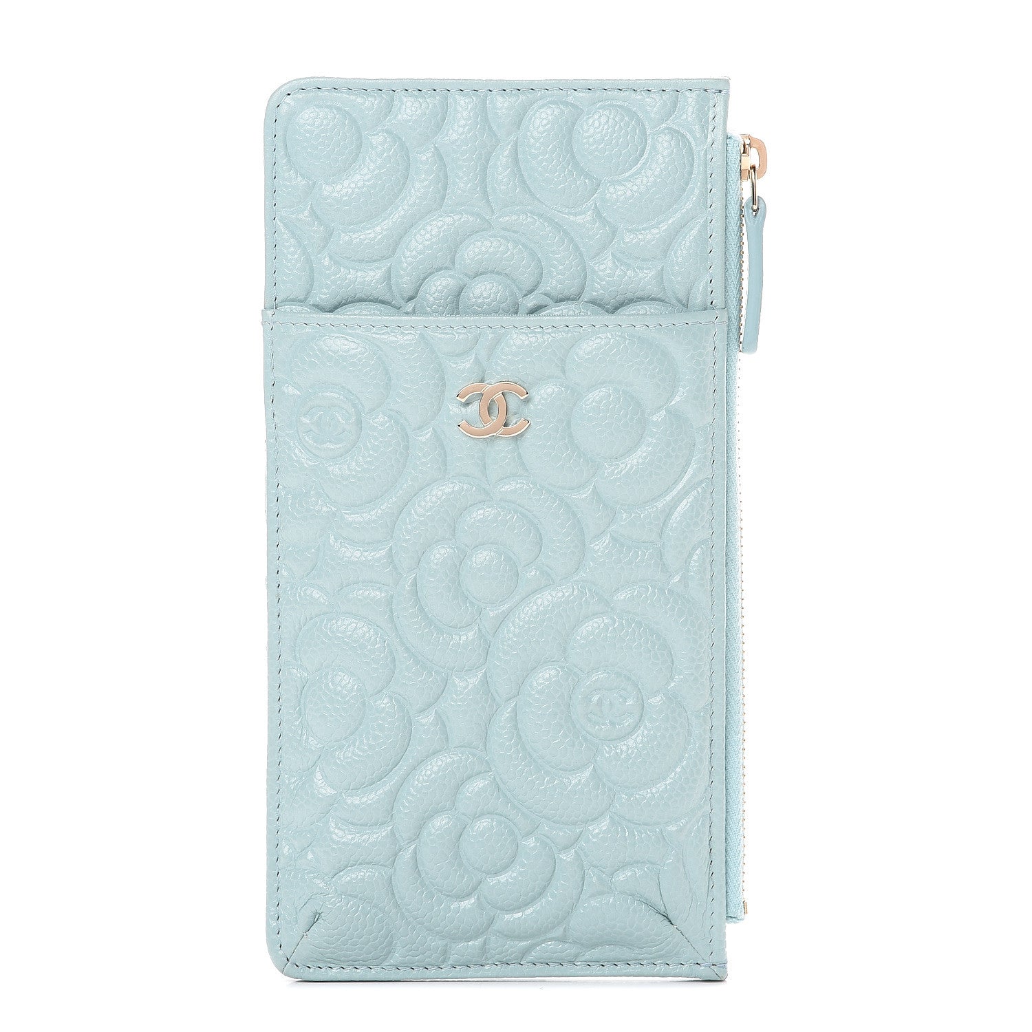 Chanel Caviar Camellia Embossed Classic Flat Wallet Pouch Light Blue 1 of 7