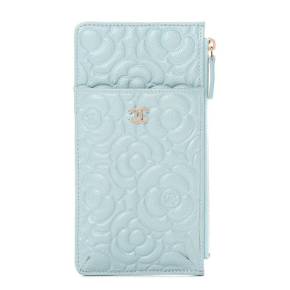 Chanel Caviar Camellia Embossed Classic Flat Wallet Pouch Light Blue 1 of 7