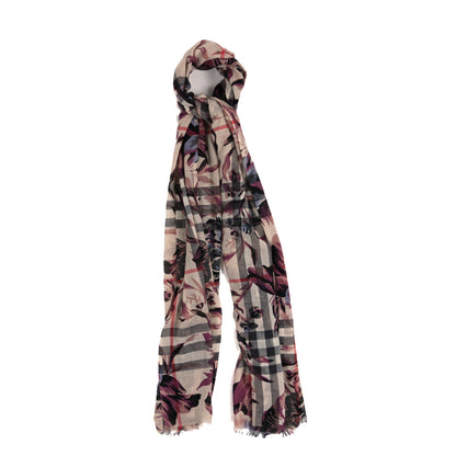 Burberry Modal Cashmere Check Peony Rose Print Shawl Scarf Beige Multicolor 1 of 4