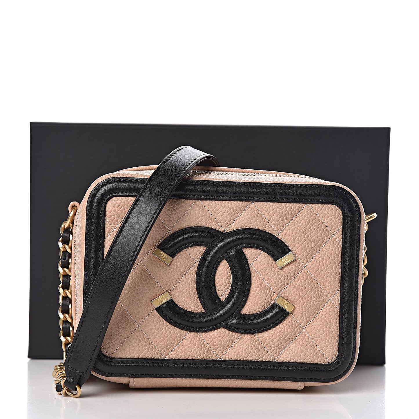 Caviar Quilted CC Filigree Vanity Clutch With Chain Beige Black