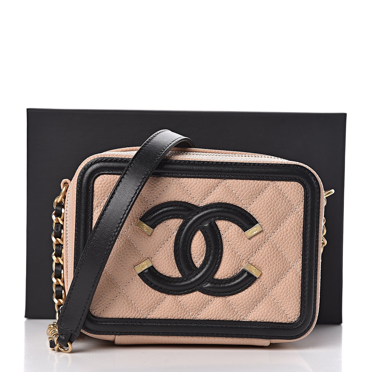 Chanel Caviar Quilted CC Filigree Vanity Clutch With Chain Beige Black 11 of 11