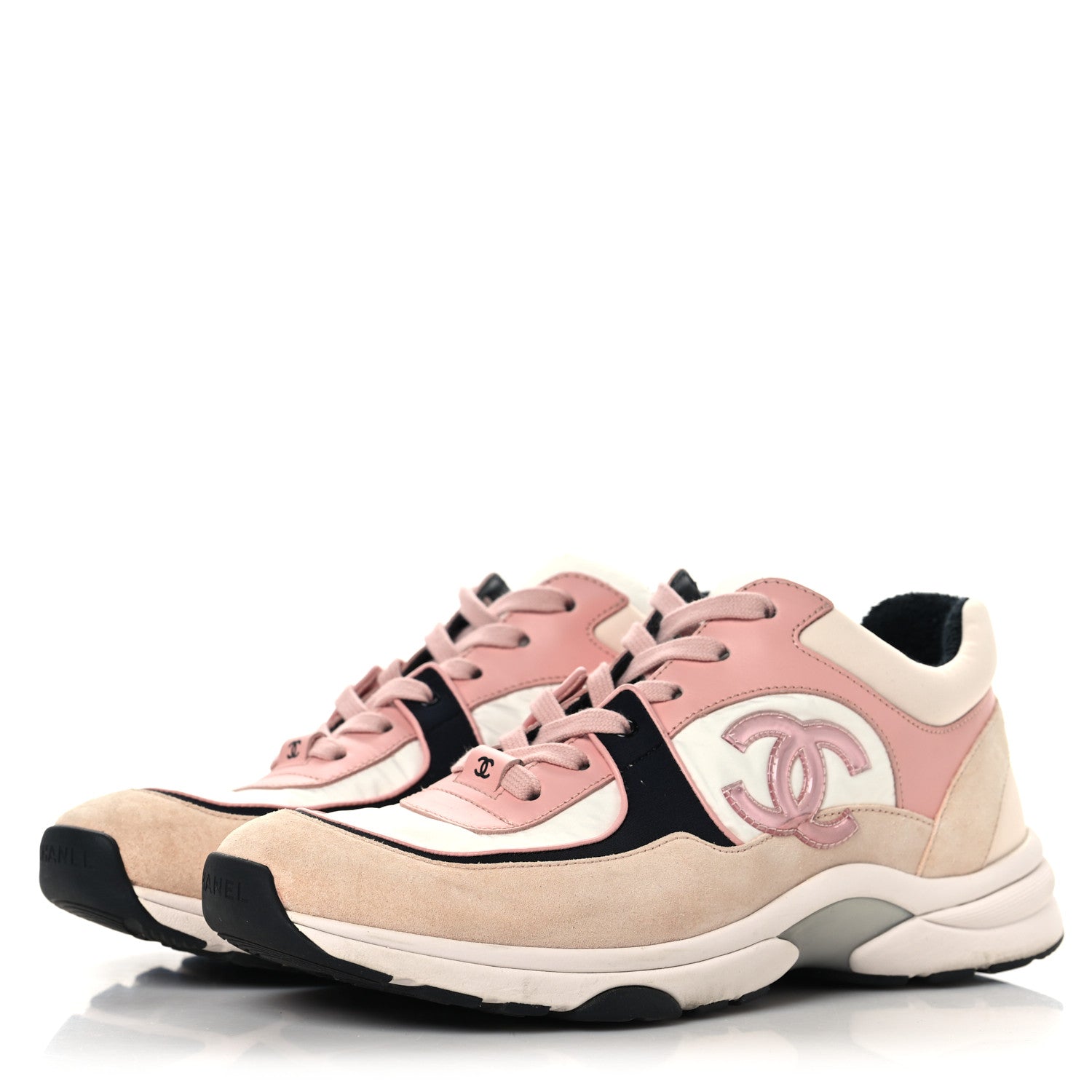 Chanel Nylon Lambskin Suede Calfskin CC Sneakers 39.5 Pink White Black 4 of 8