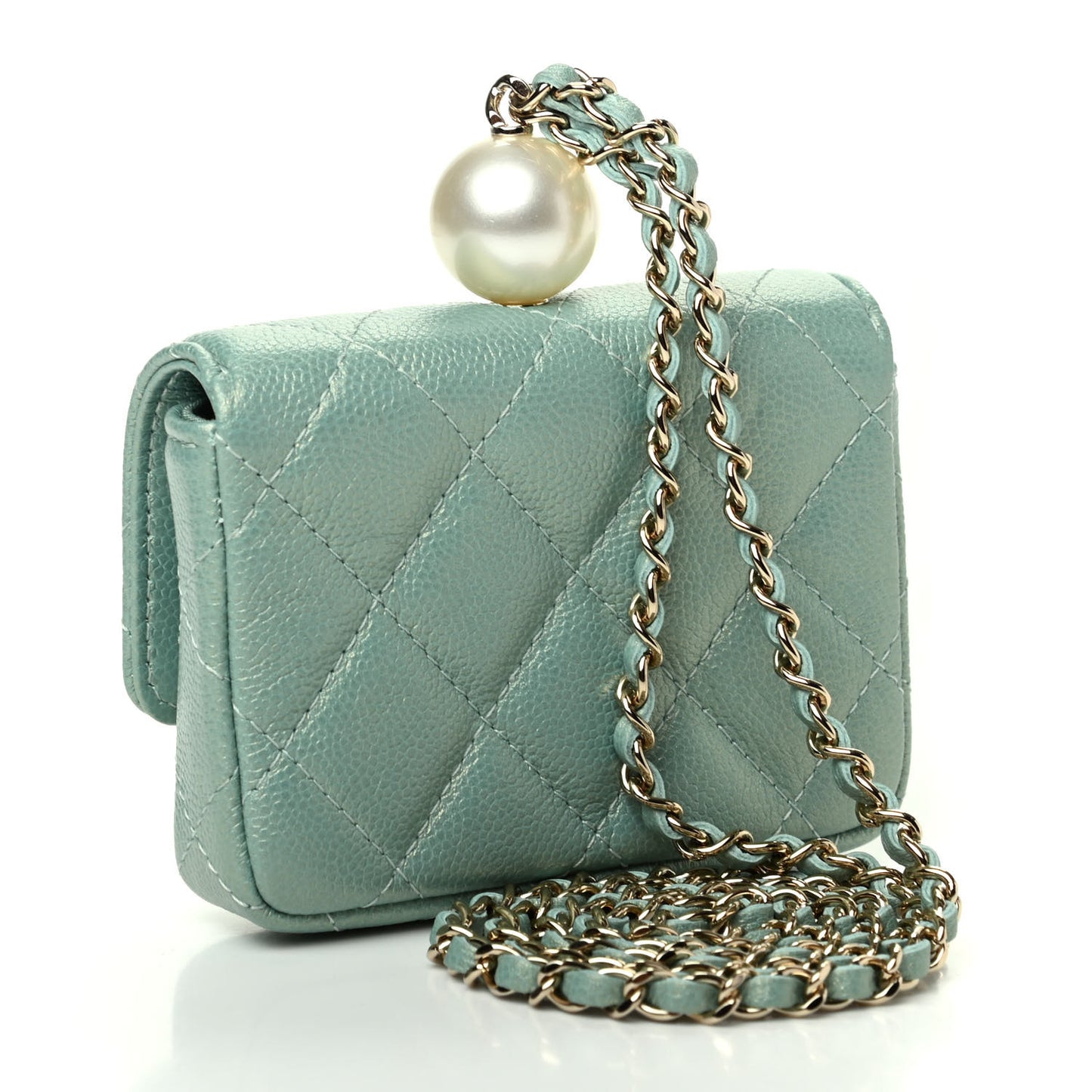 Iridescent Caviar Quilted Pearl On Top Coin Purse With Chain Light Green