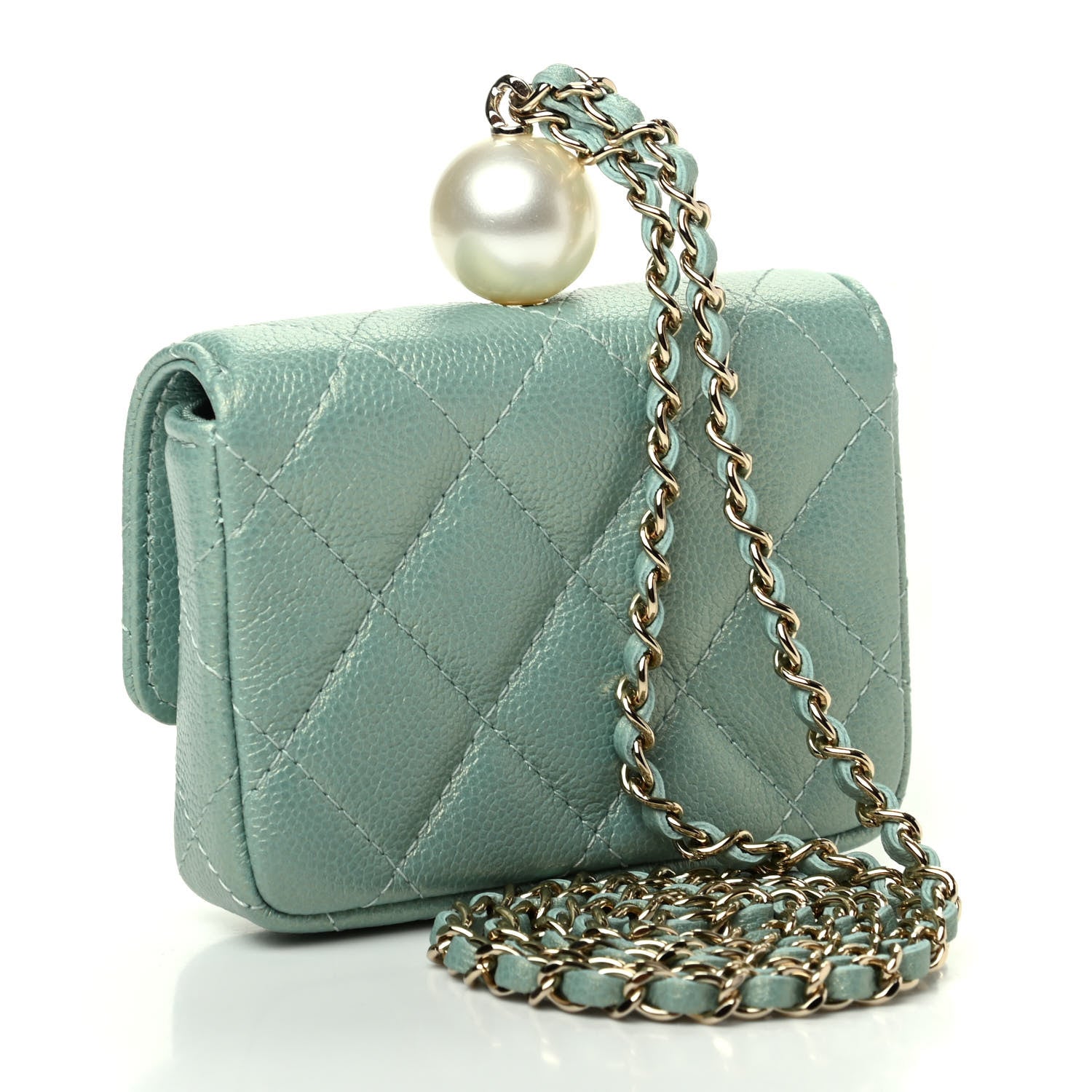 Chanel Iridescent Caviar Quilted Pearl On Top Coin Purse With Chain Light Green 3 of 13