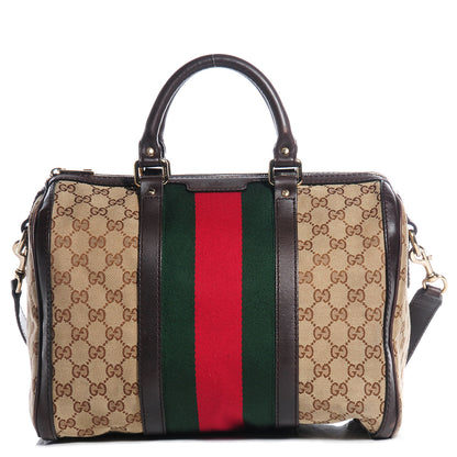 Gucci Monogram Selleria Calfskin Vintage Web Medium Boston Beige Ebony Cocoa 1 of 14