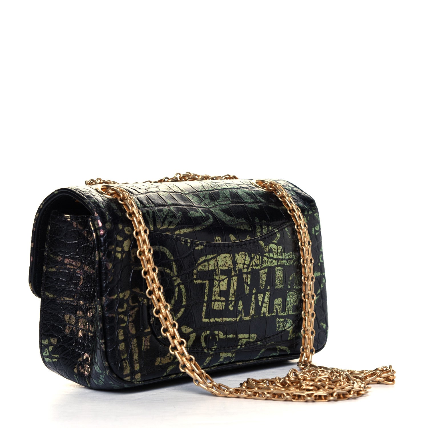 Chanel Calfskin Crocodile Embossed Graffiti 2.55 Mini Cocodile Reissue Flap Black Pink 3 of 17