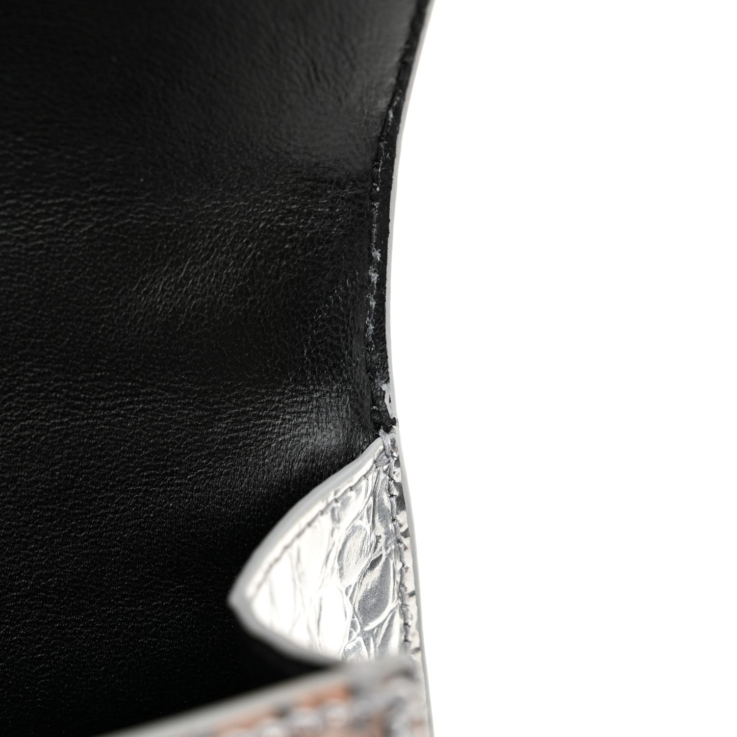 Metallic Calfskin Crocodile Embossed Crystal Hourglass Top Handle Bag XS Silver