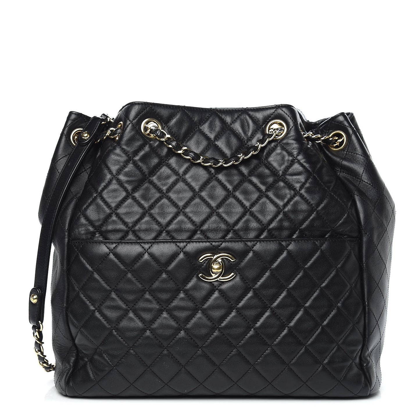Lambskin Quilted Large Drawstring Bag Black