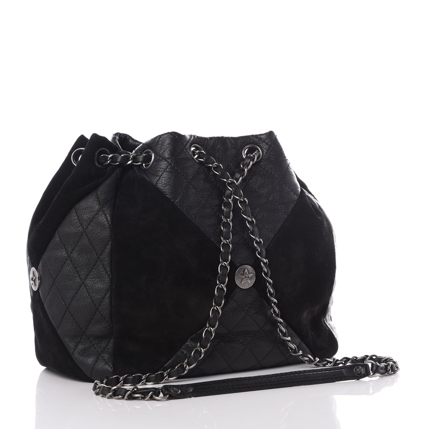 Chanel Goatskin Suede Calfskin Quilted Patchwork Drawstring Bag Black 2 of 9
