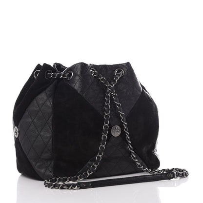 Chanel Goatskin Suede Calfskin Quilted Patchwork Drawstring Bag Black 2 of 9
