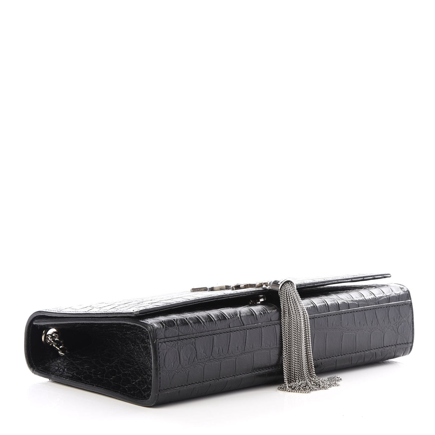 Calfskin Crocodile Embossed Medium Classic Monogram Kate Tassel Satchel Black