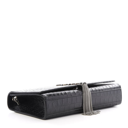 Saint Laurent Calfskin Crocodile Embossed Medium Classic Monogram Kate Tassel Satchel Black 3 of 8