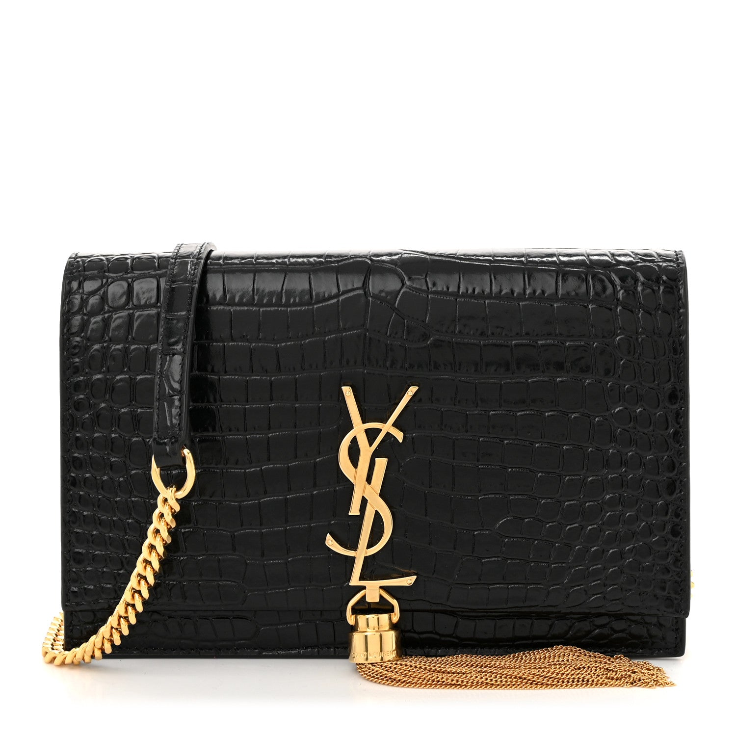 Saint Laurent Calfskin Crocodile Embossed Kate Monogram Tassel Chain Wallet Black 1 of 9