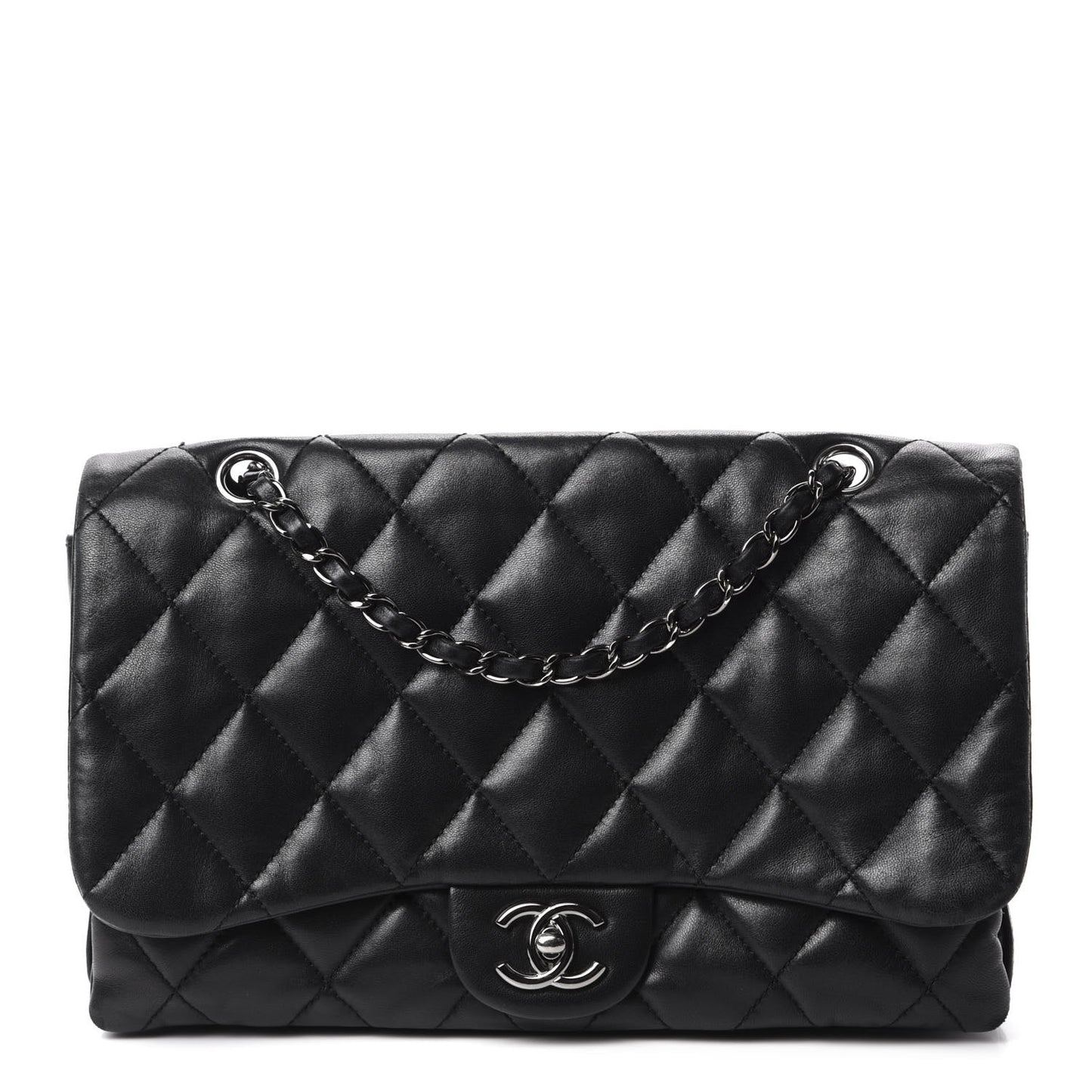 Lambskin Quilted Jumbo 3 Flap Black