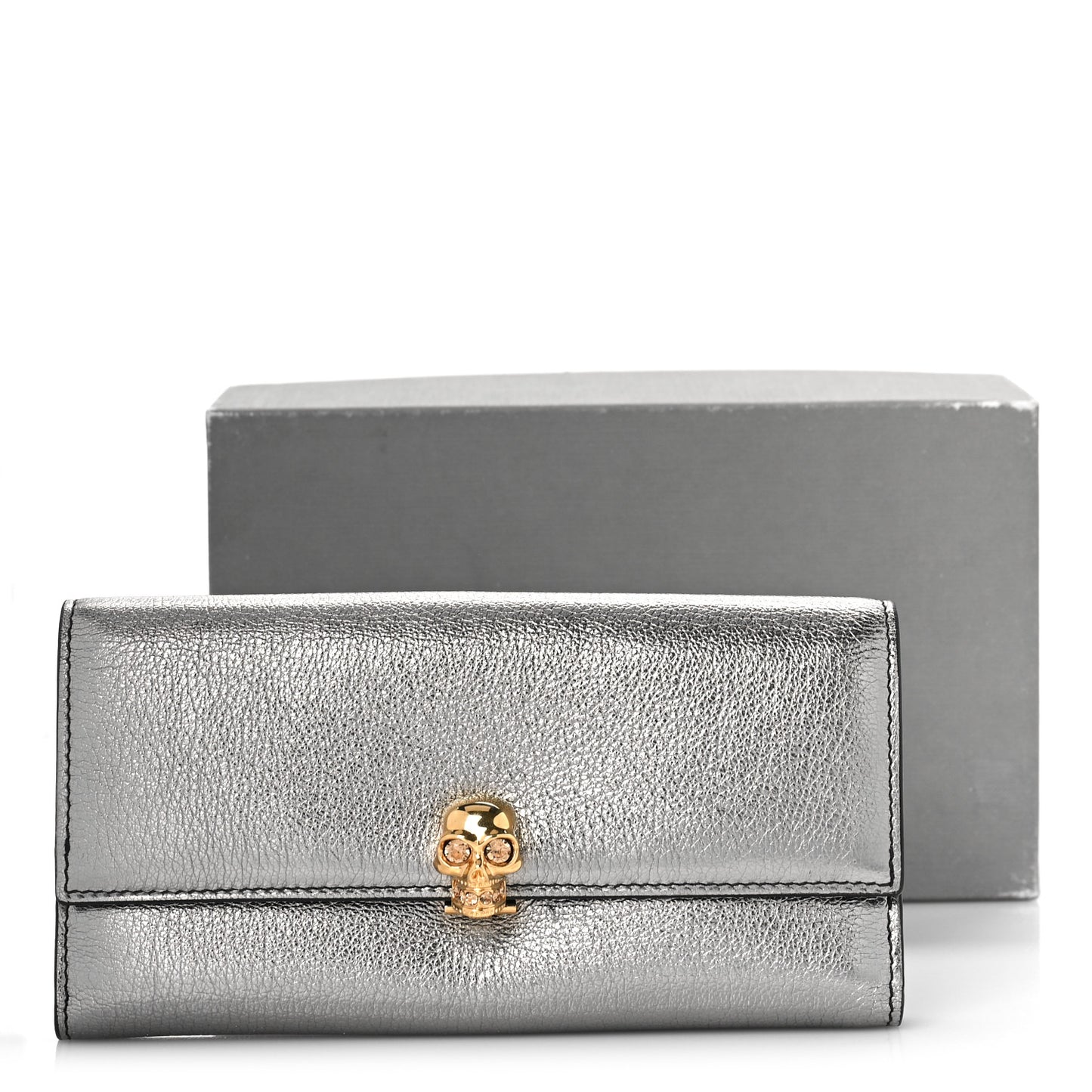 Metallic Calfskin Skull Continental Wallet Gunmetal