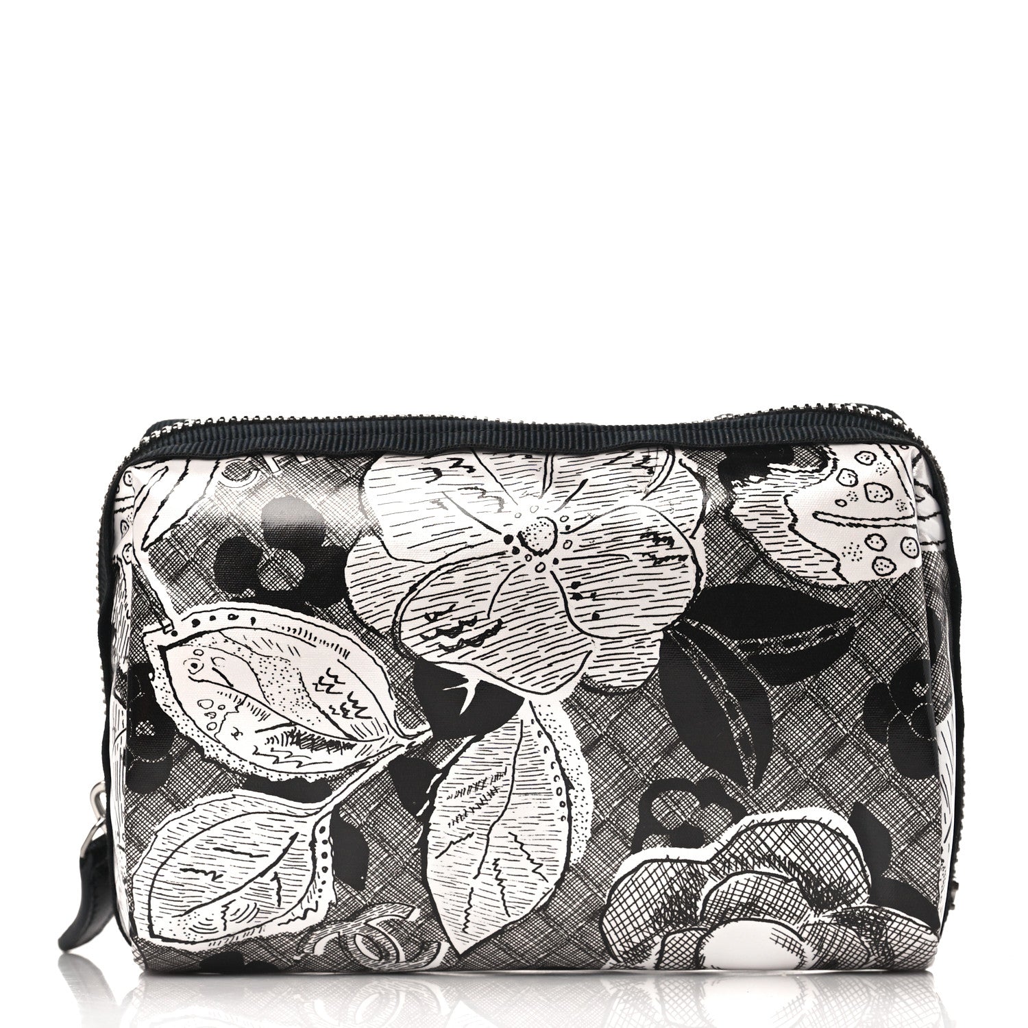 Chanel Coated Canvas Lambskin Camellia Cosmetic Pouch Black White 1 of 8