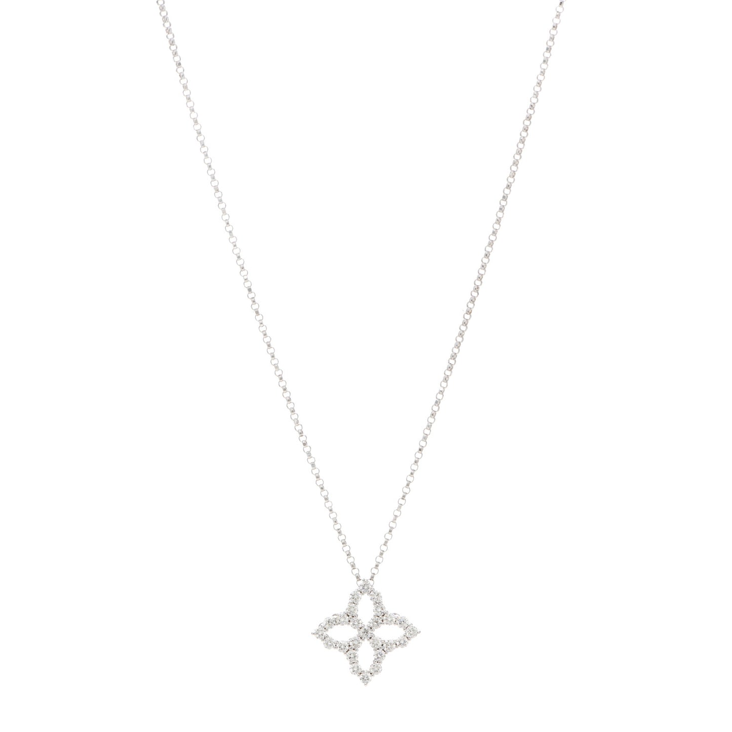 18K White Gold Diamond Medium Princess Open Flower Pendant Necklace
