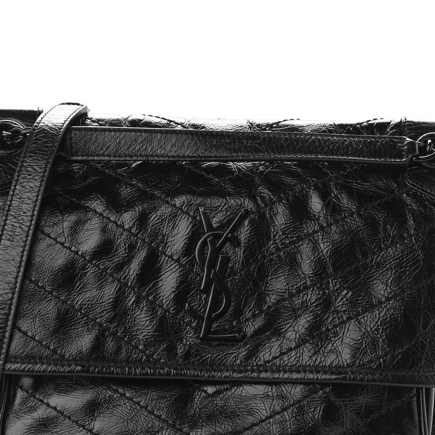 Crinkled Calfskin Matelasse Monogram Medium Niki Chain Satchel Black