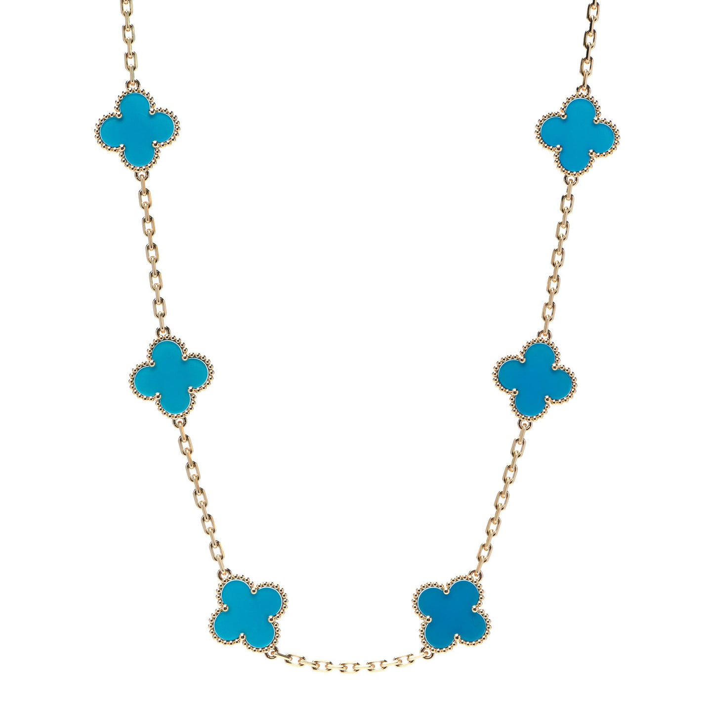 18K Yellow Gold Blue Agate 10 Motifs Vintage Alhambra Necklace
