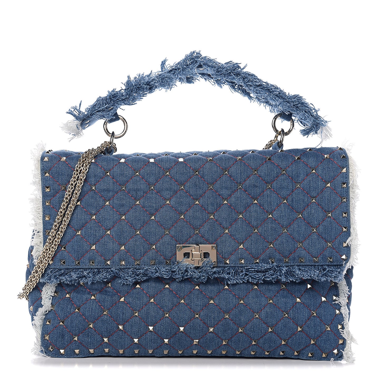 Denim Fringe Maxi Rockstud Spike Shoulder Bag Blue